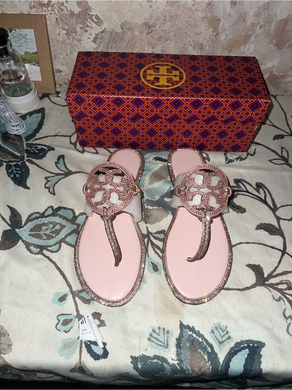 Tory Burch Rose Gold Crystal Logo Thong Sandals - Picture 3 of 6
